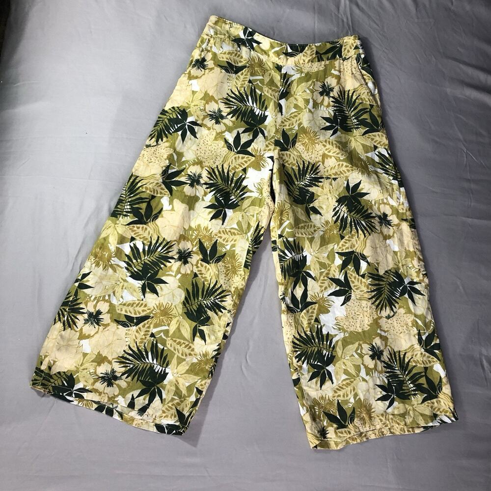 Tahari 100% Linen Wide-Leg Cropped Tropical Print Pants Elastic Waist Size Large